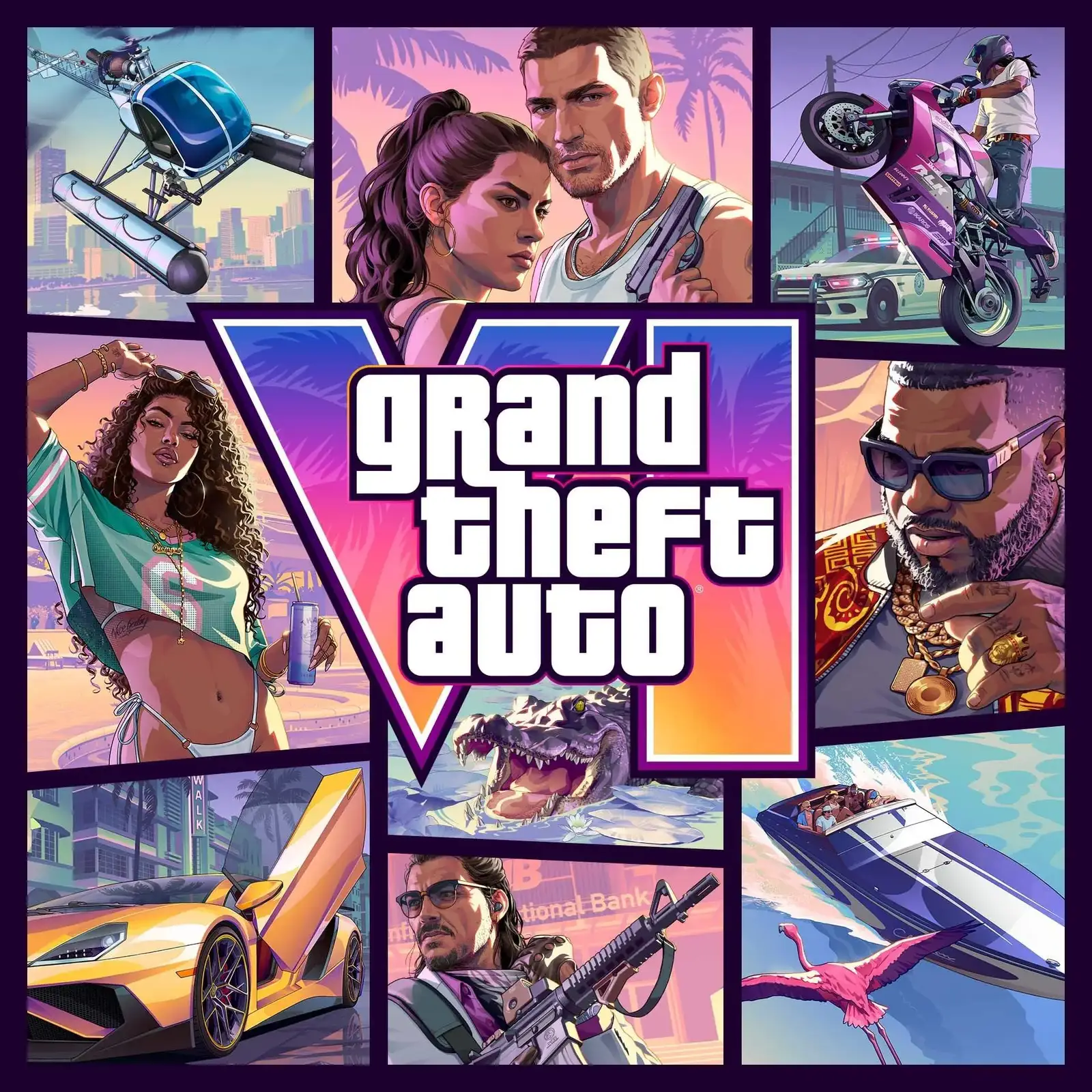 Grand Theft Auto VI 角色与跑车视觉海报